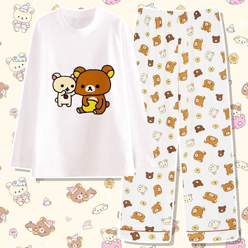 Japanese-Style Cute Rilakkuma Pure Cotton Quirky Short-Sleeve T-Shirt Loungewear Printed Round Neck Versatile Student Top Set