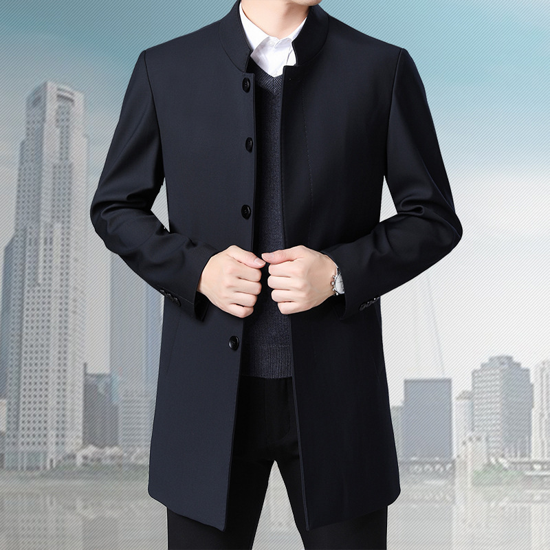 专柜男士中长款风衣春秋薄款中老年立领商务休闲大码免烫男装外套