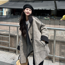 人字纹撞色毛呢外套女秋冬2025新款法式流行韩系感呢大衣