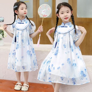 Hanfu-Style Summer Dress for Girls 2024 New Short-Sleeve Little Girl Tang Suit Performance Dress Chinese Style Other