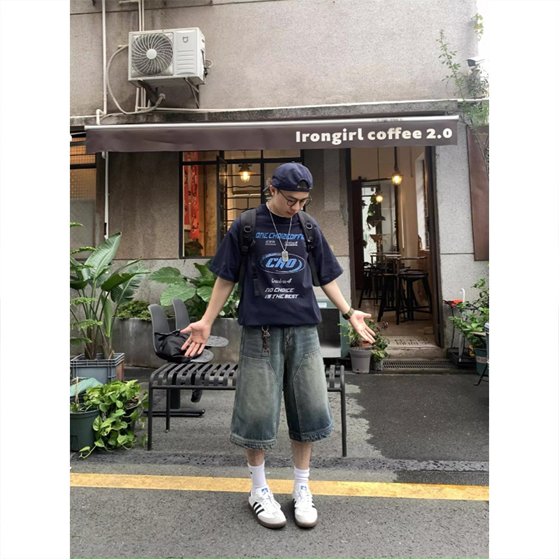 Vintage americano callejera lavado con agua jeans cortos hombres y mujeres relajados casuales rectos de piernas anchas marca de moda pantalones de siete puntos