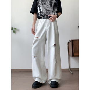 American Retro Washed Ripped Jeans Men's Summer Cleanfit Loose Casual Dirty Dyed Wide-Leg Straight Pants