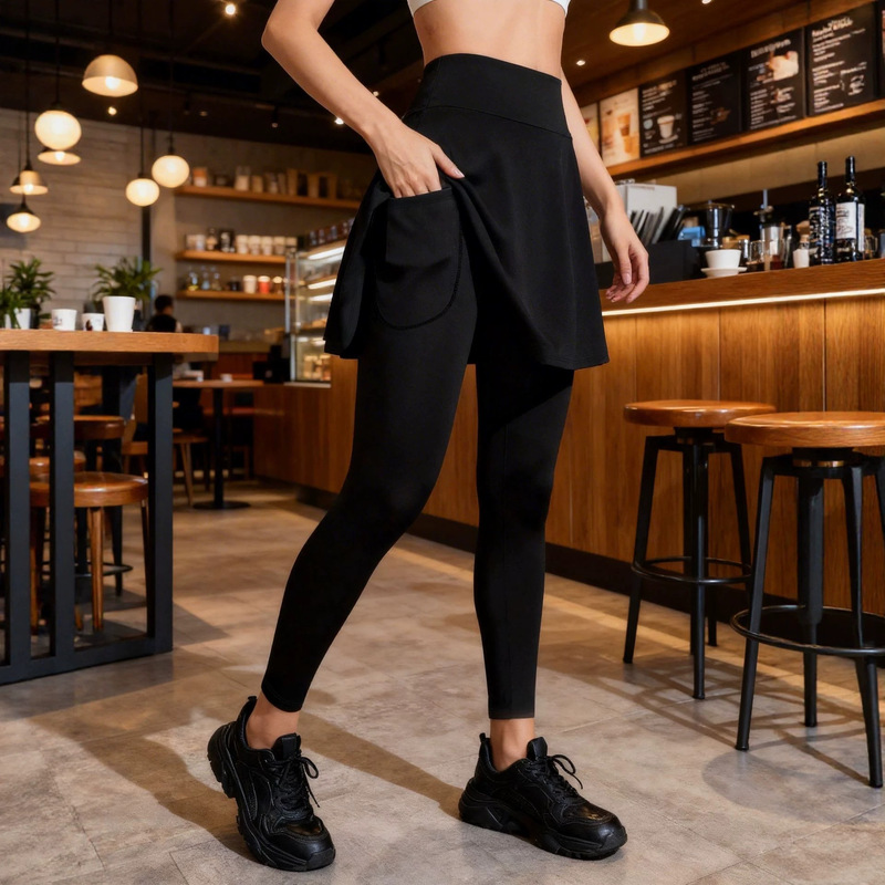Women's faux two-piece skirt-pants with pockets, high-waisted sports yoga pants, running fitness skirt-pants, high-waisted tennis skirt-pants