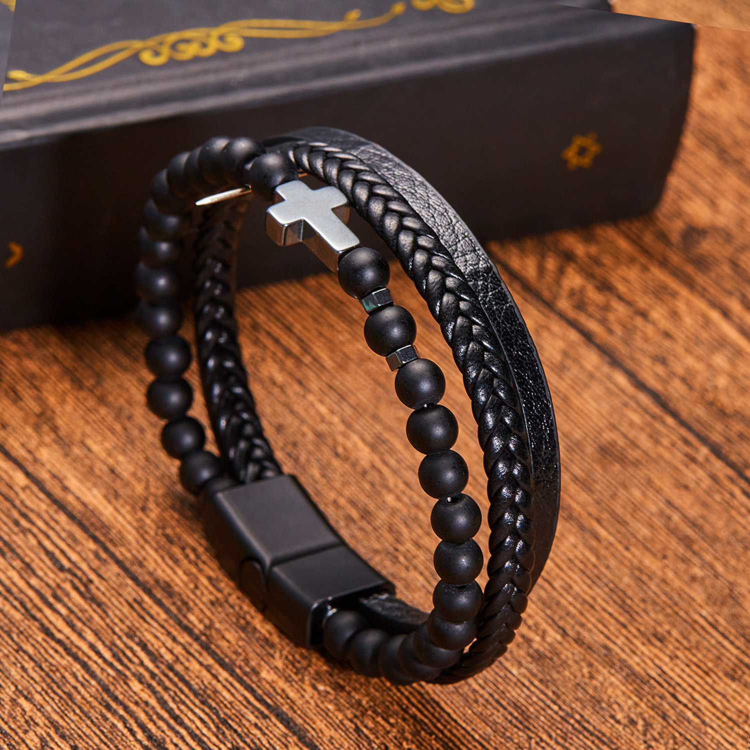 Pu Leather, Alloy Material Hip-Hop Cross Pu Leather Alloy Men's Bangle Men Cord & Leather Bracelets