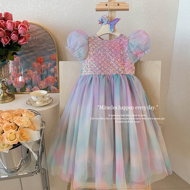 Girl's Mermaid Princess Dress Summer Children's Dress Girl's Stylish Gradient Contrast Princess Dress