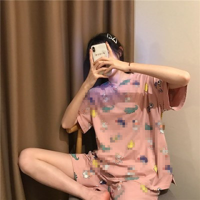 女性用夏の半袖パジャマ、キュートで甘い漫画の半袖プラスサイズのレディースレターガールホームウェア薄手のスーツ|undefined