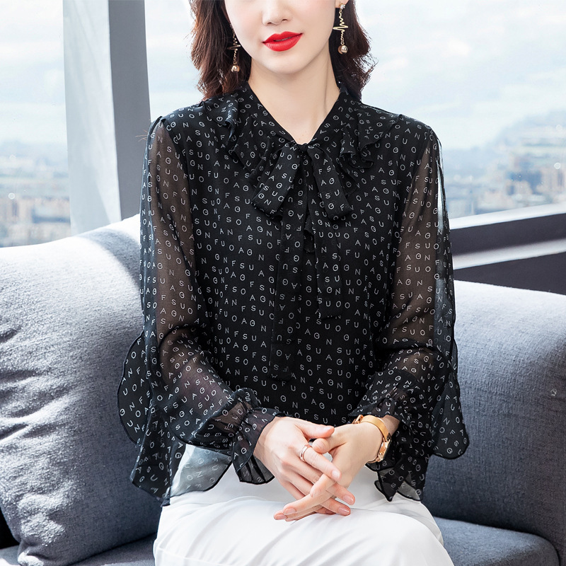 Chiffon Shirt Women's Long-Sleeved 2023 Autumn New Style Beautiful Fashionable Lace-Up Shirt Printed Black Elegant Slim Top