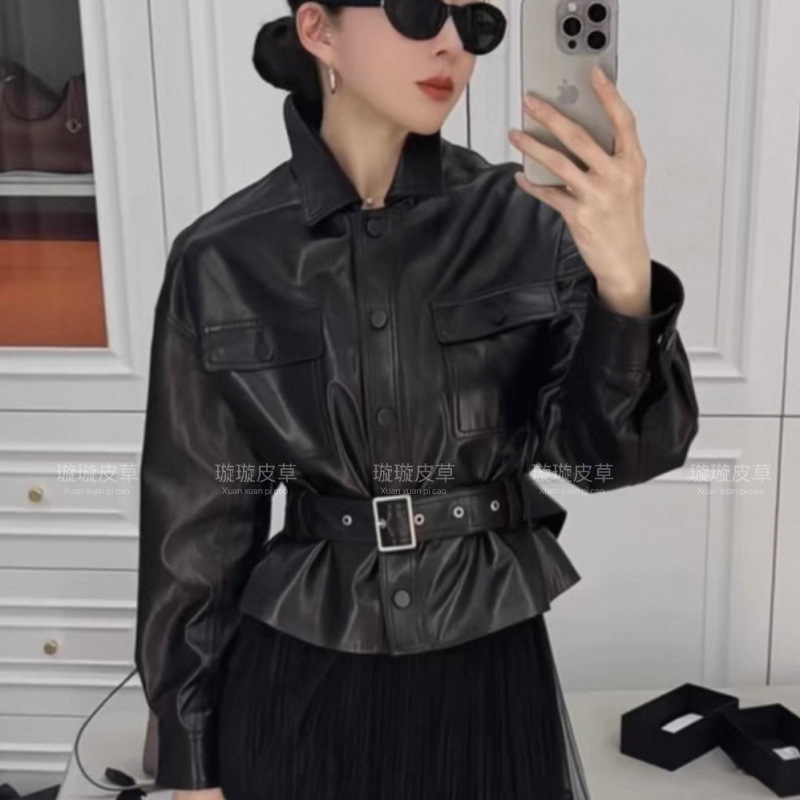 欧洲站2025春装欧货时尚翻领单排扣系腰带设计洋气皮衣外套女|undefined