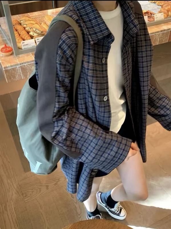 a*ne袖拼补丁格纹衬衫25新款 男女同款复古美式休闲宽松衬衫|undefined