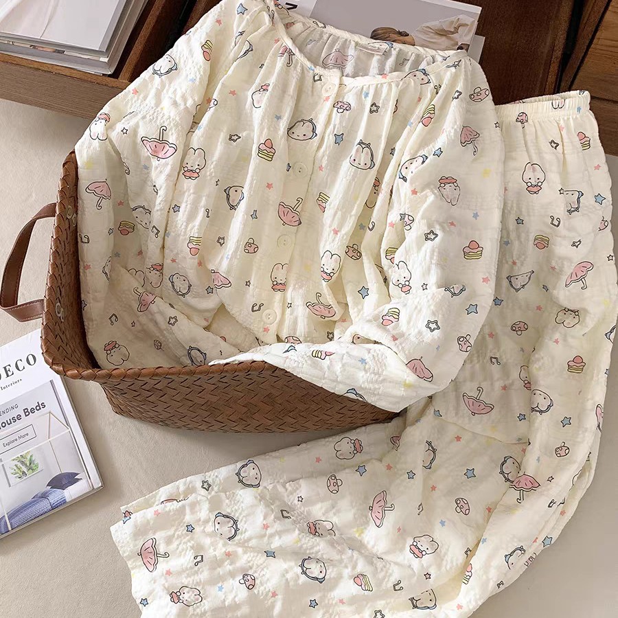 Pijamas al por mayor transfronterizos mujeres primavera y otoño pantalones de mangas largas nubes de algodón cardigan encantador conjunto de ropa de dibujos animados