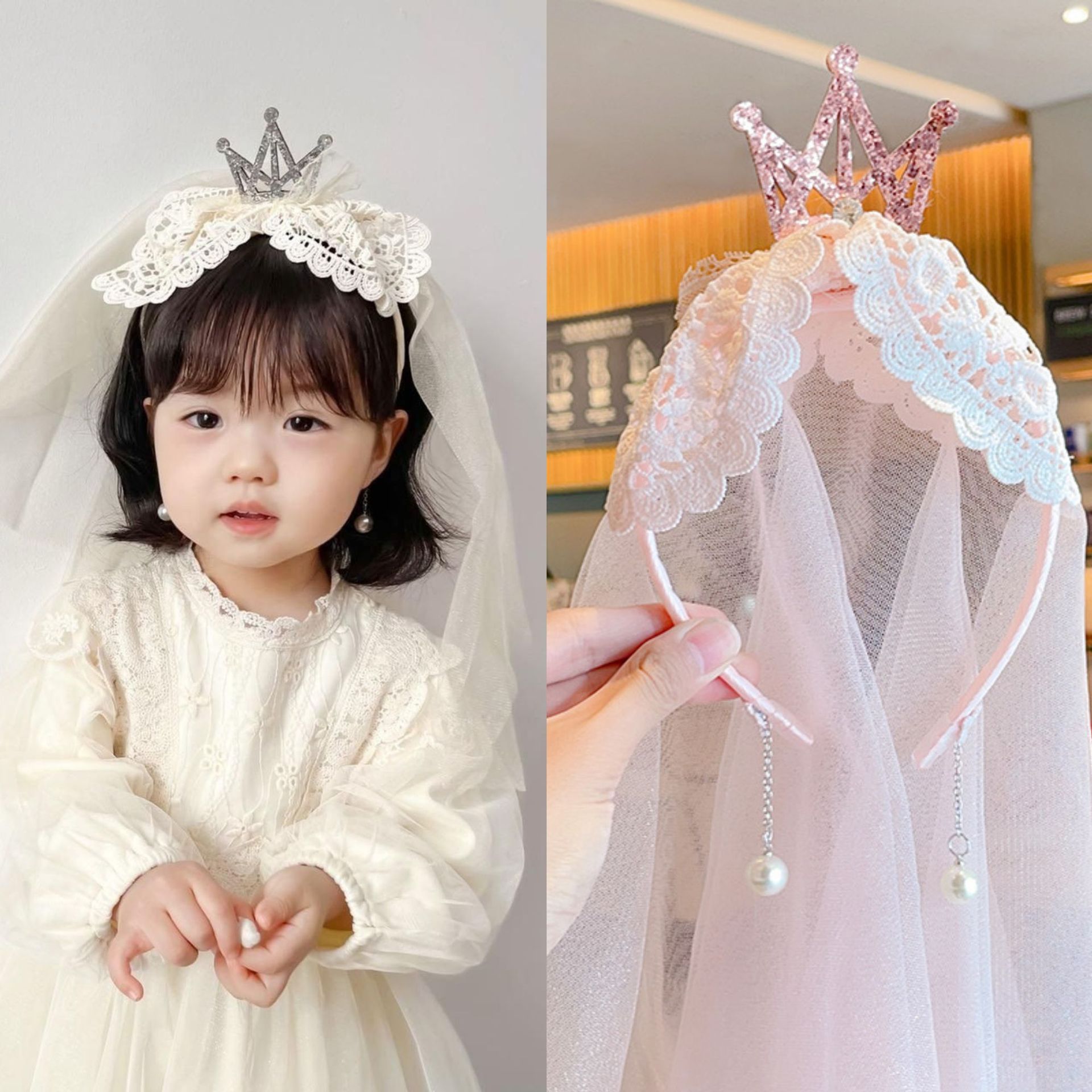女童宝宝周岁生日头纱甜美公主头饰洛丽塔皇冠蕾丝蝴蝶结披沙发箍