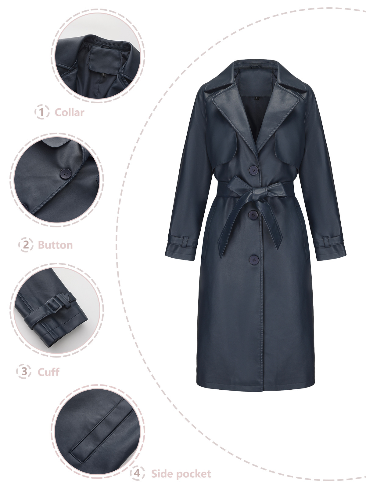 Women's Clothing 24 Spring and Autumn Women's Windbreaker Long Loose Jacket PU Leather Jacket Women's OVERSIZE Classic Lapel Jacket with Belt_voghion.com
