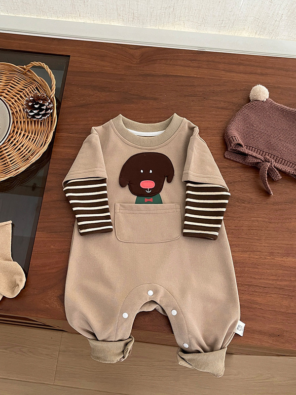 婴儿衣服春秋季外出爬服洋气宝宝假两件哈衣新生儿卡通可爱连体衣|undefined