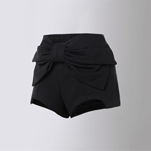 2024女童夏季新时尚百搭款蝴蝶结高腰弹力包臀裤不规则黑色短裤