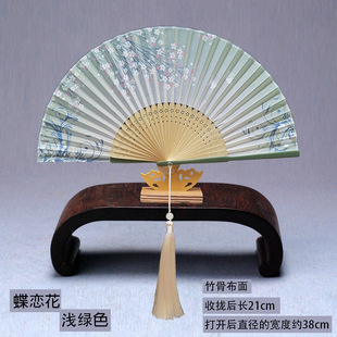 Ancient style folding fan craft gift fan head green Japanese style hanfu dance fan portable silk fan female fan easy to carry