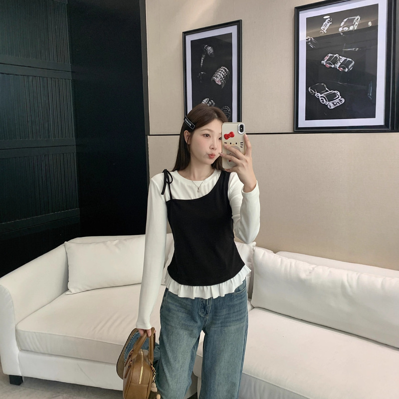 大码设计感不规则假两件长袖T恤女2025秋季新款小众减龄上衣|undefined