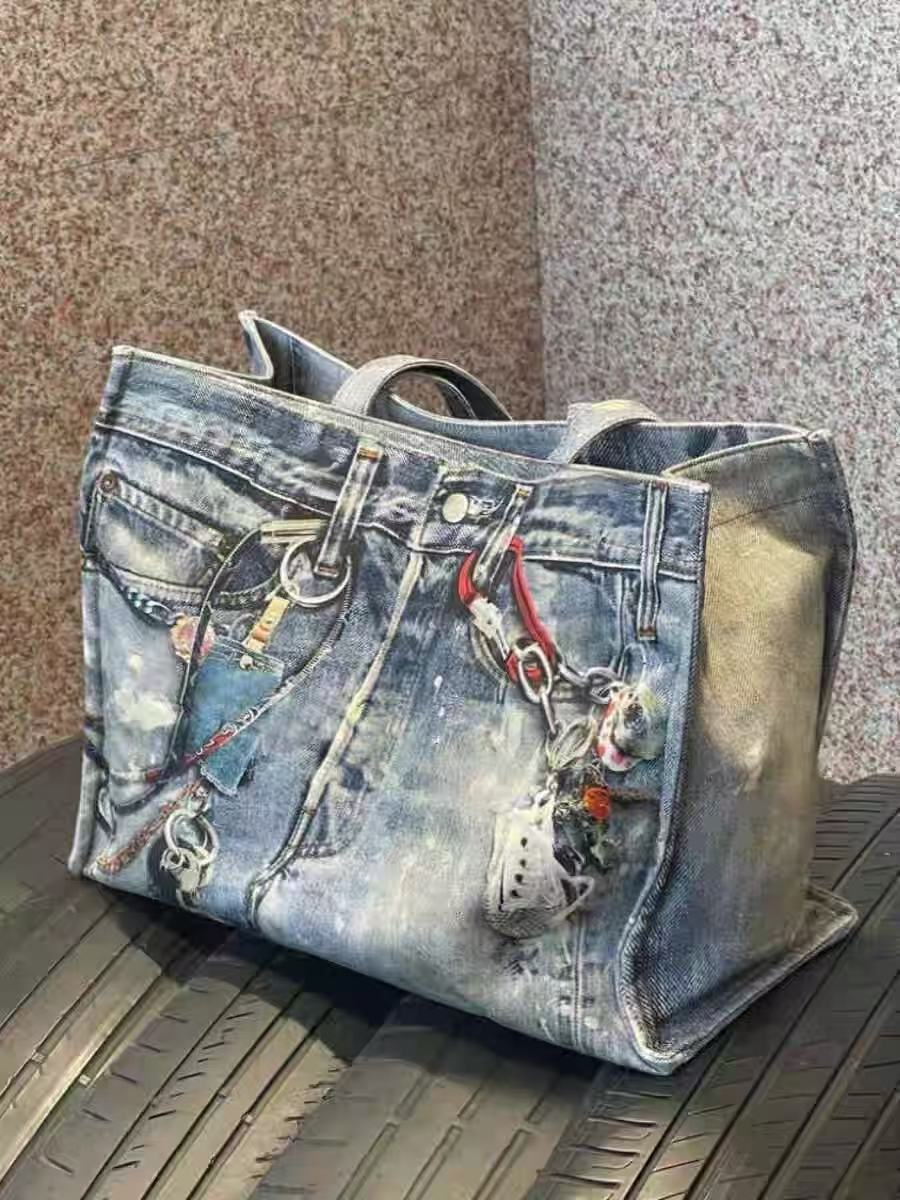 Retro handheld denim universal capacious one-shoulder bag, American style