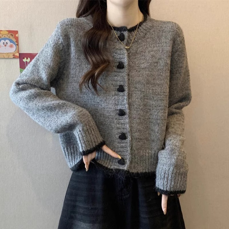 2025春秋新款毛衣外套女设计感拼色爱心纽扣针织开衫短款长袖上衣|undefined