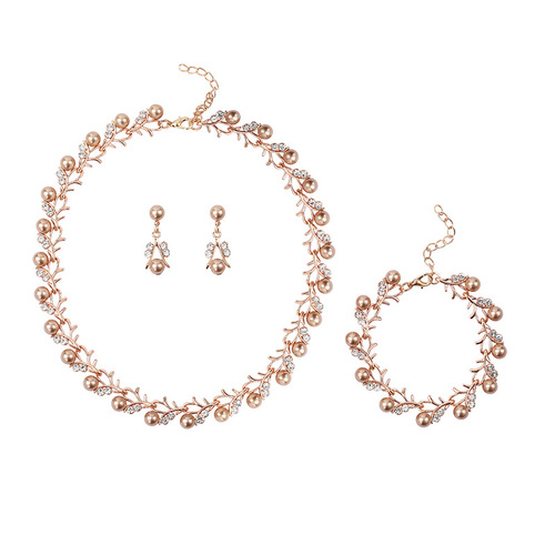 Korean style pearl necklace and earrings set bridal dress versatile accessories fashionable small fresh alloy electroplating three-piece set