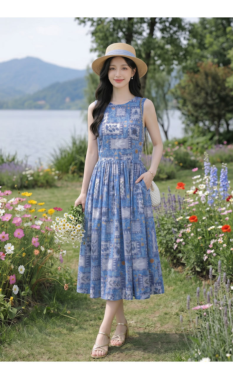 Đầm maxi nữ họa tiết hoa nhí không tay cổ tròn dáng suông thắt eo — Màu ảnh chi tiết 14