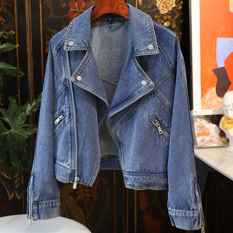 The Street Is so Handsome, and the Fashionable Love! Large Lapel Zipper Long Sleeve Motorcycle Style Denim Jacket for Women Trendy