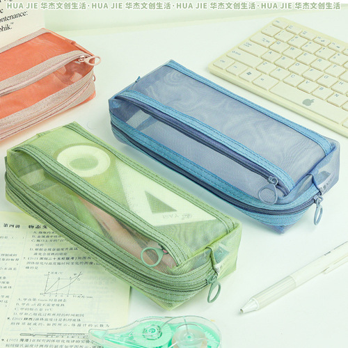 Double-layer large-capacity pen bag ins high-value simple transparent mesh pencil case square three-dimensional multi-layer stationery bag