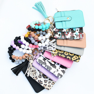 2025 Beaded Bracelet Cross-Border Women's Printed Coin Purse Id Bank Card Holder Pu Tassel Key Pendant
