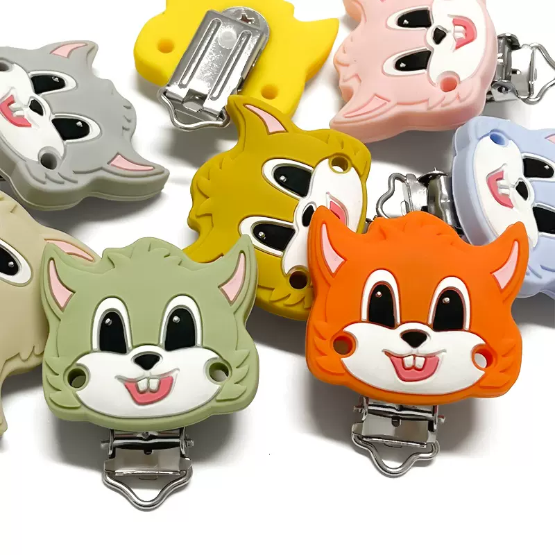 跨境新品卡通动物松鼠硅胶奶嘴夹DIY牙胶防掉夹奶嘴链不锈钢夹子