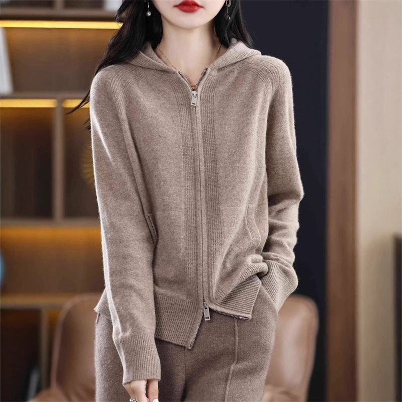 Elegant Double-Zip Hooded Solid Color Knit Sweater for Women 2025 Autumn and Winter New Pocket Casual Loose Plus-Size Sweater for Women