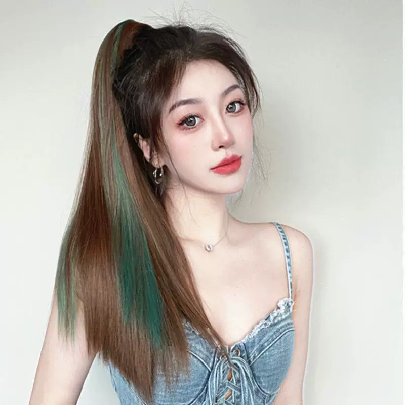 假发马尾女中长发抓夹网红高马尾彩色直发挑染仿真发自然无痕辫子