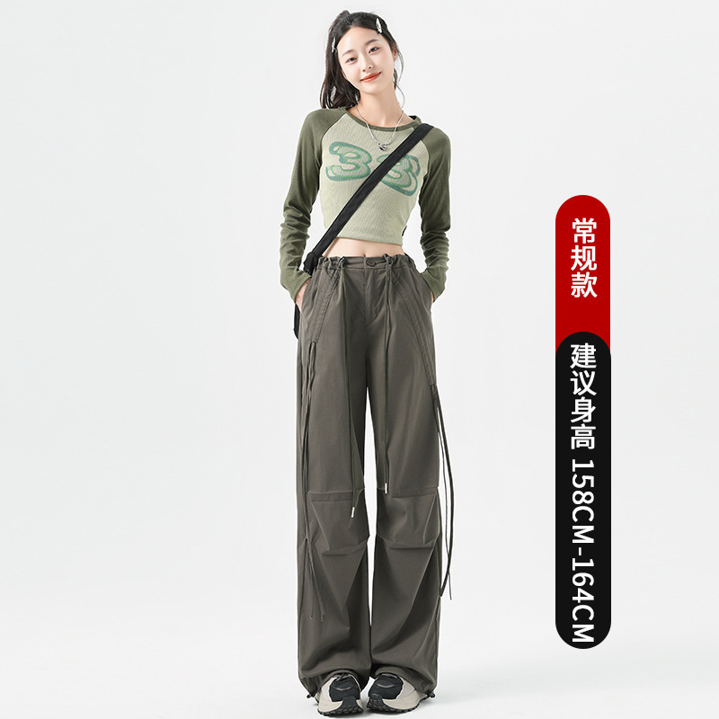 系带设计感工装裤女夏秋窄版阔腿休闲裤高腰抽绳运动伞兵裤子女款|undefined
