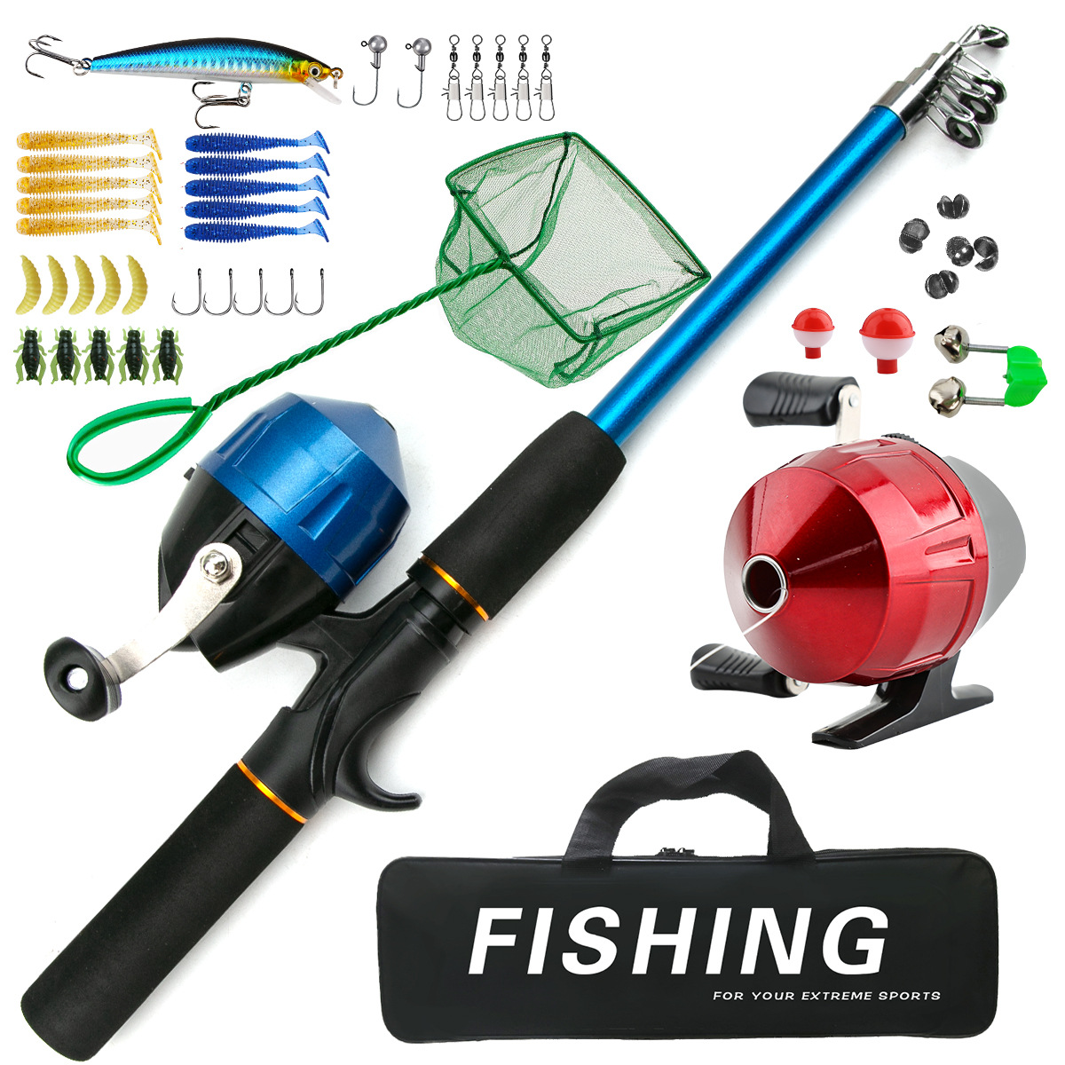 Children's spinning rod lure reel gun handle portable complete set with net soft bait fishing line offshore fishing gear cross-border wholesale