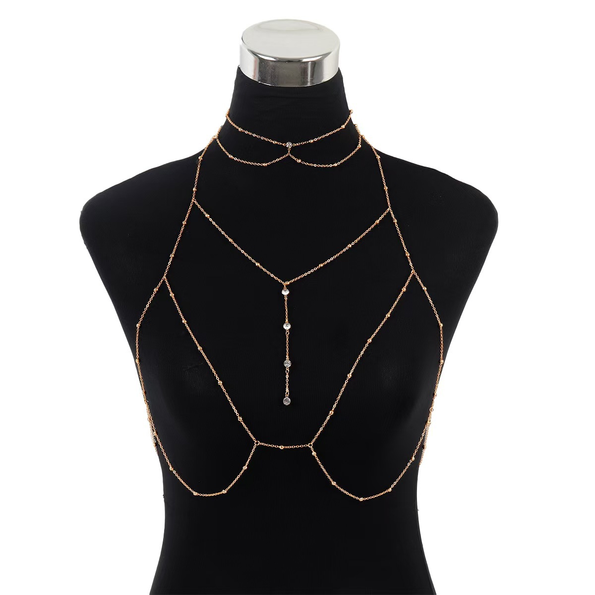 Europa y América exagerada sexy playa vacaciones cuerpo ropa cadena collar creativo rhinestone colgante borla collar cadena del pecho