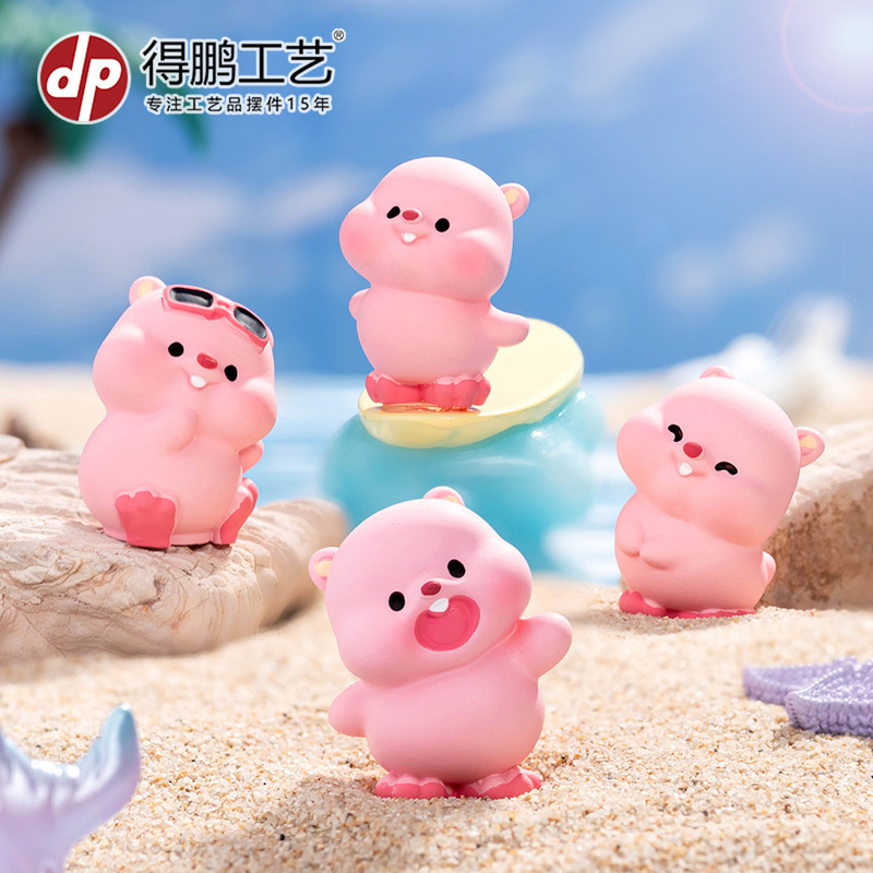 Miniature Cartoon Pink Beaver Figurine Resin Craft Car Dashboard Desktop Trendy Toy Ornament