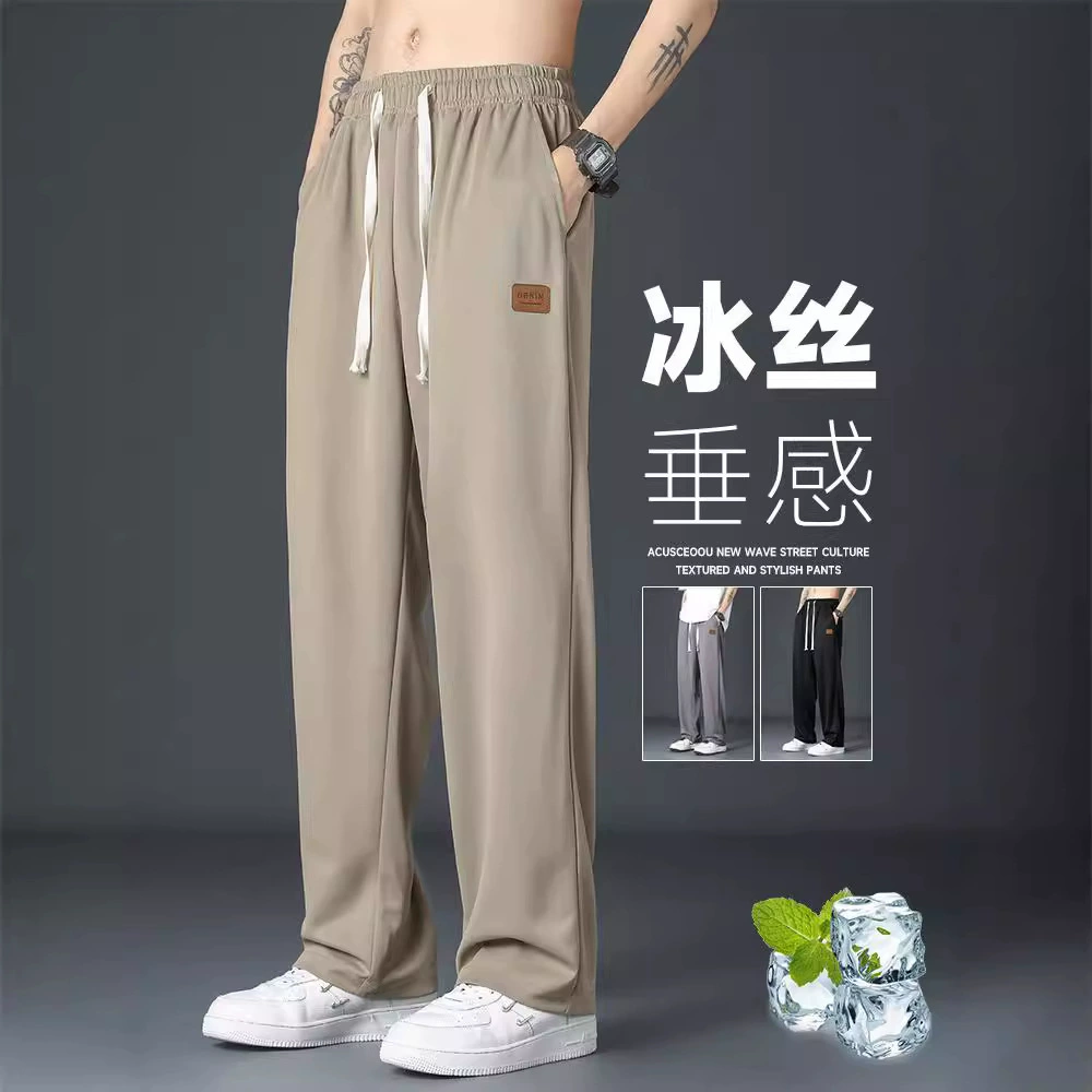 Прямые брюки из ледяной шелк для мужчин летом тонкие свободные спортивные повседневные длинные брюки брюки быстрые сухие широкие мужские брюки