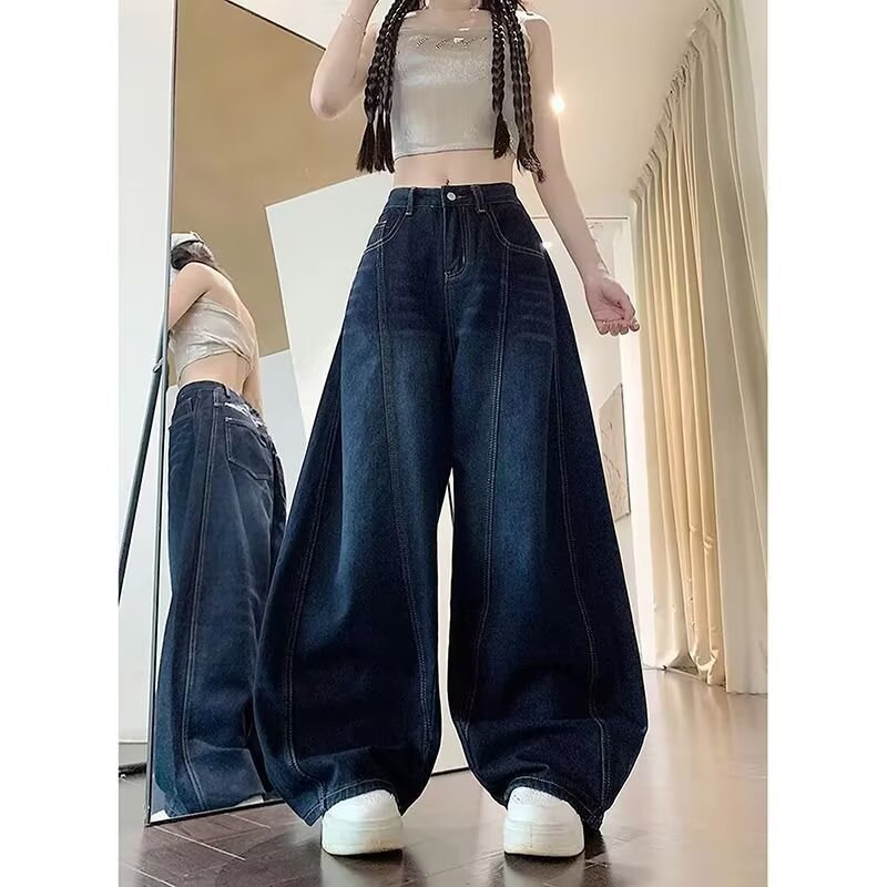 跨境美式街头风格弯刀牛仔裤女士休闲个性中腰宽松刺绣拖地阔腿裤