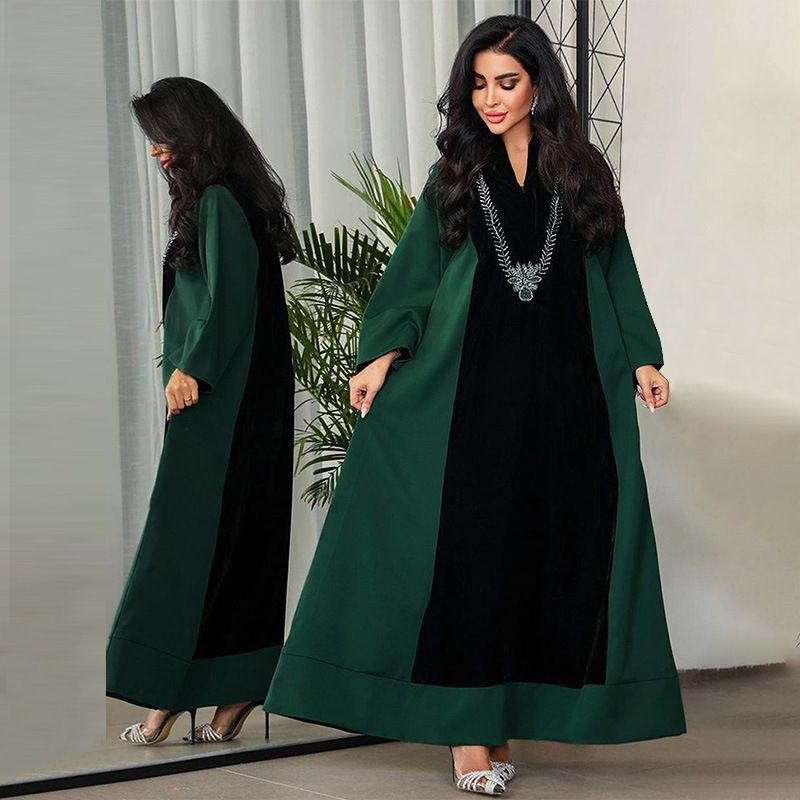 Amazon Cross-Border Exclusive Supply of Women's Clothing: Rhinestone-Embellished Velvet Patchwork Color-Blocked Dress, Loose Plus-Size Embroidered Vacation Robe