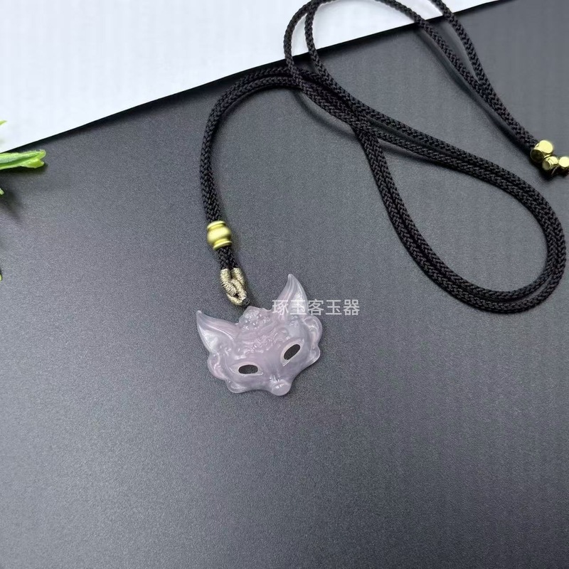 新款天然玛瑙玉髓狐狸面罩项链国风美学狐狸蓝玉髓吊坠玉石饰品|undefined