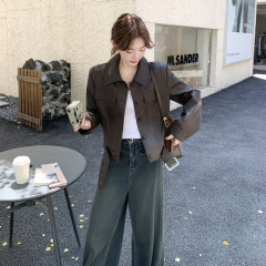 咖色短款皮衣外套女春秋2025新款港风复古高级感显瘦PU皮夹克上衣