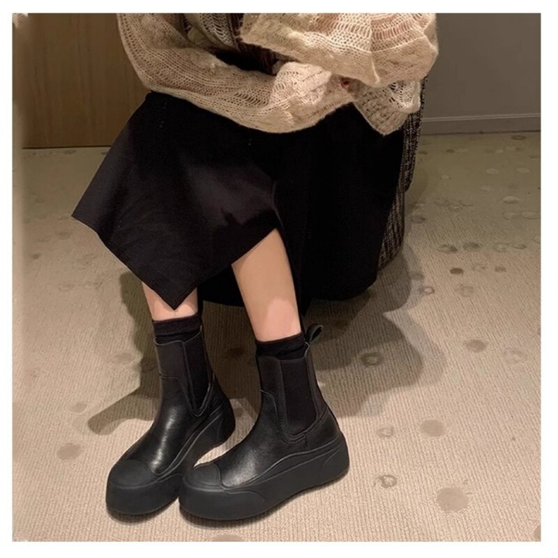 现货~内增高6cm真皮厚底切尔西靴女2025秋黑色短靴百搭圆头马丁靴|undefined
