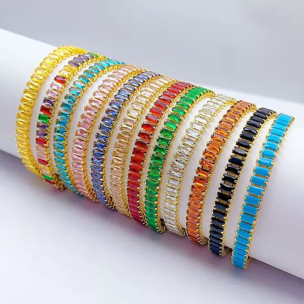Cross-Border New Product European and American Zirconium Bracelet Copper Plated 18K Gold Bracelet Colorful Crystal Tennis Chain Couple Bracelet for Women