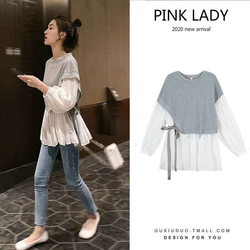 Весна 2022, рубашка с длинными рукавами из двух частей, с рукавами-фонариками, свободный топ большого размера, закрывающий живот, одежда для беременных и кормящих мам