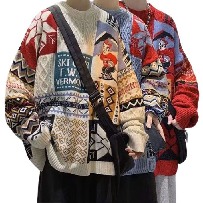 Cross-Border Popular European Size Plus-Size Patchwork Knit Sweater for Men with Embroidered Bear for Christmas, Halloween, and New Year Factory Wholesale Cross-Border Popular European Size Plus-Size Patchwork Knit Sweater for Men with Embroidered Bear for Christmas, Halloween, and New Year Factory Wholesale