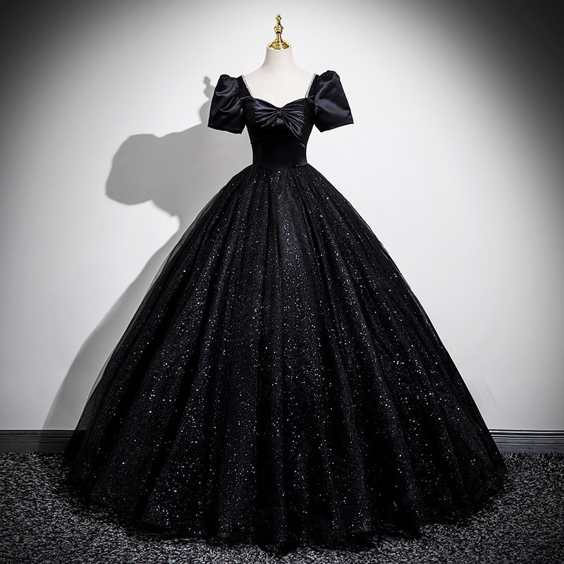 Black Coming-Of-Age Puffy Skirt Solo Performance Dress for Female Vocal Music Students, Art Exam Host Evening Gown, Light Luxury Black Coming-Of-Age Puffy Skirt Solo Performance Dress for Female Vocal Music Students, Art Exam Host Evening Gown, Light Luxury
