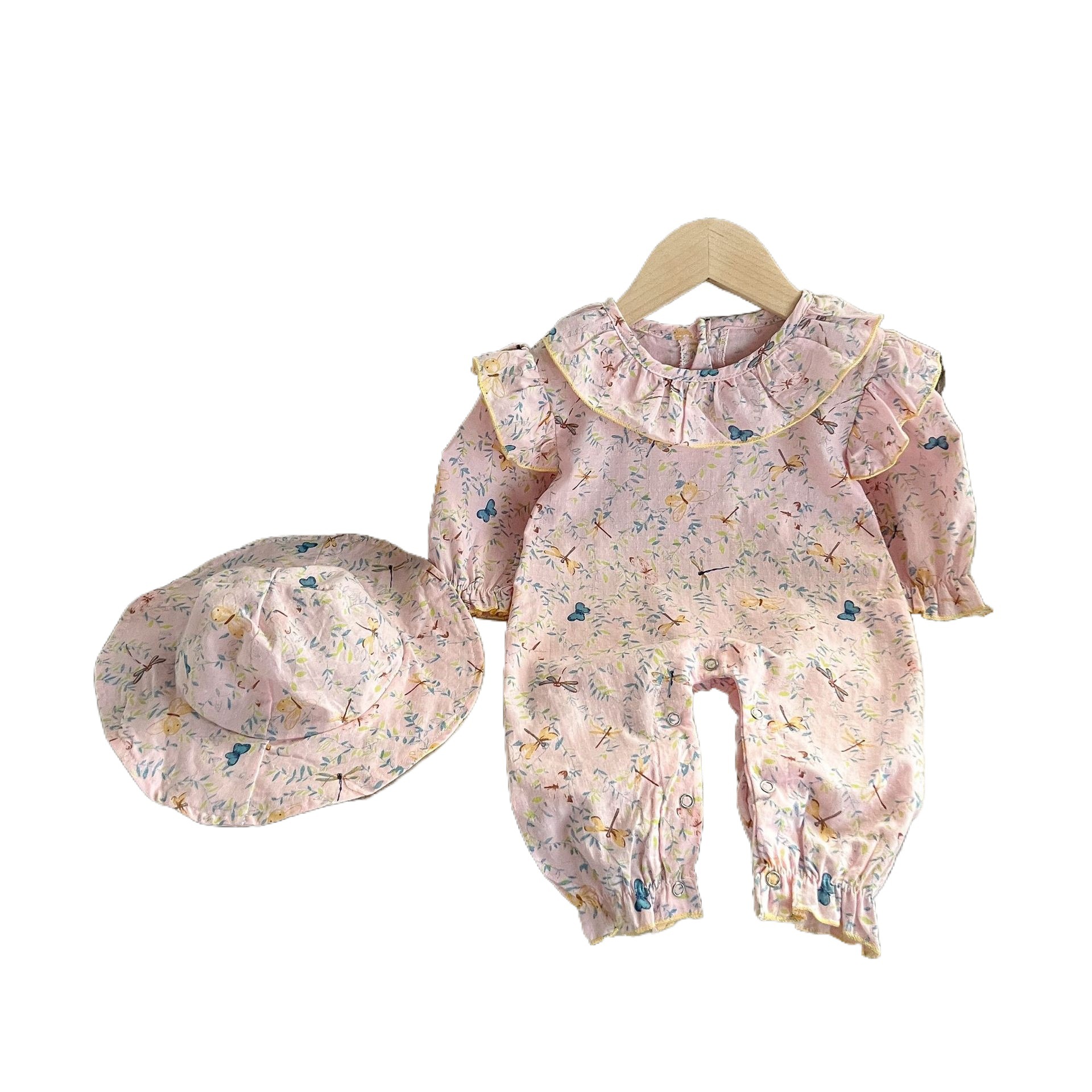 Estilo coreano bebé algodón floral mono mameluco + sombrero ins bebé primavera sol sombrero salida ropa larga escalada