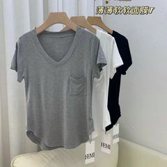 モデル綿のペンダント感のある鎖骨tシャツの女性の夏のゆったりした韓国版の中の長いタイプの底のシャツの半袖のカジュアルなvネックの上着
