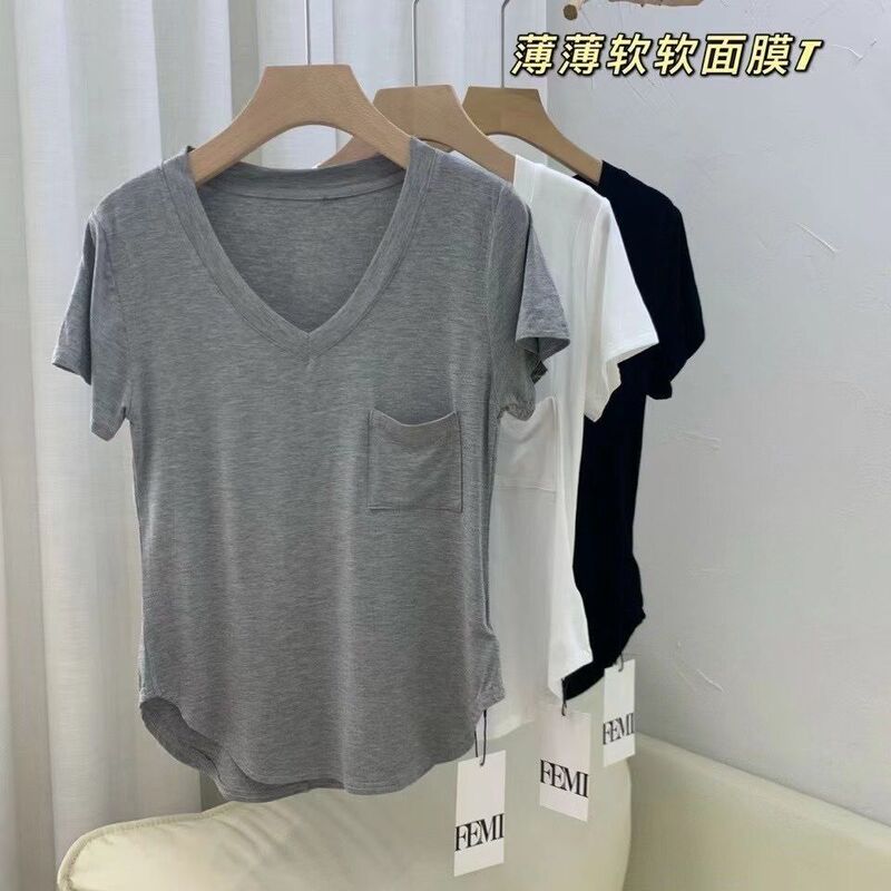 Modal Cotton Draped Collarbone T-shirt Women's Summer Loose Korean Style Mid-length Base Shirt Short-sleeved Casual V-neck Top
