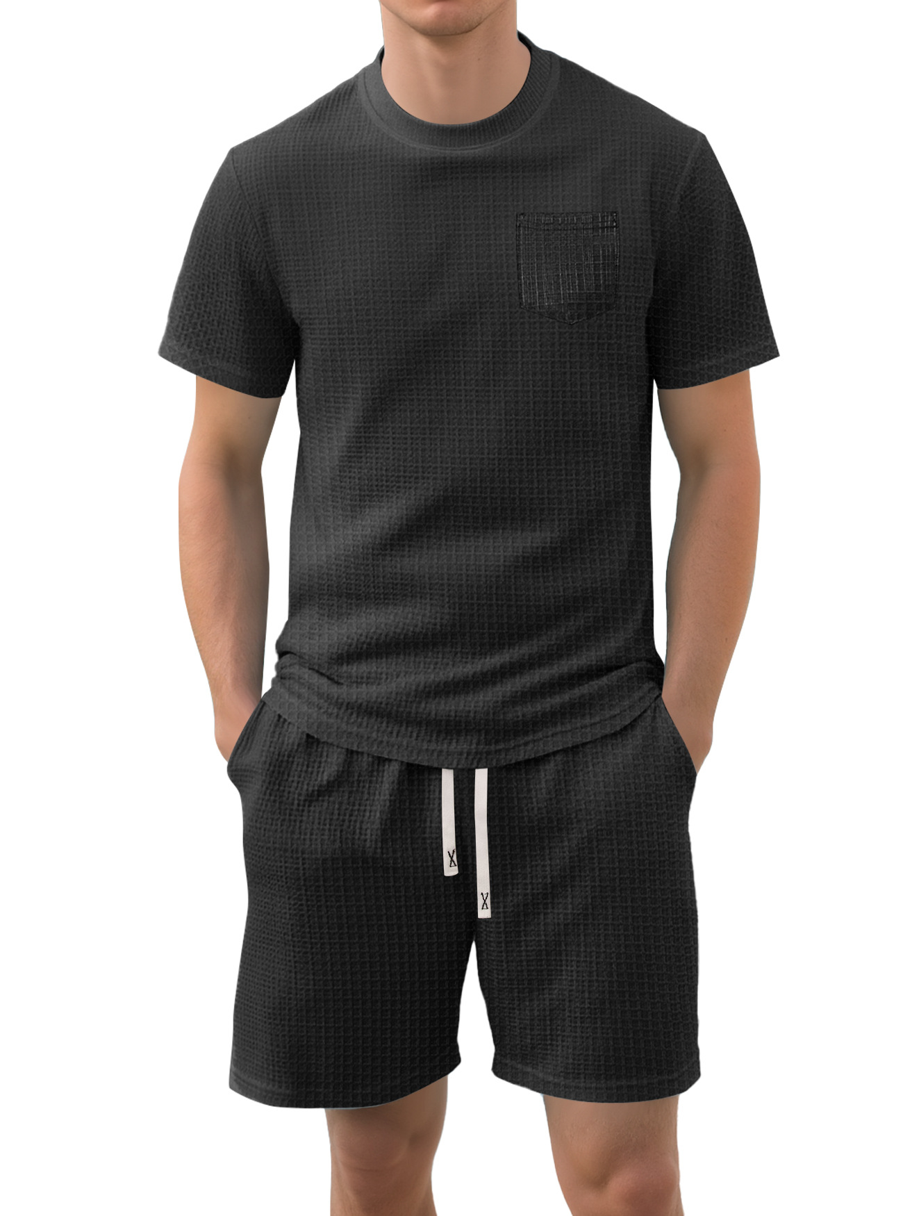 Nuevo transfronterizo Europa y América Amazon verano nuevo producto de hombre delgado waffle casual deportivo de manga corta set de pantalones cortos