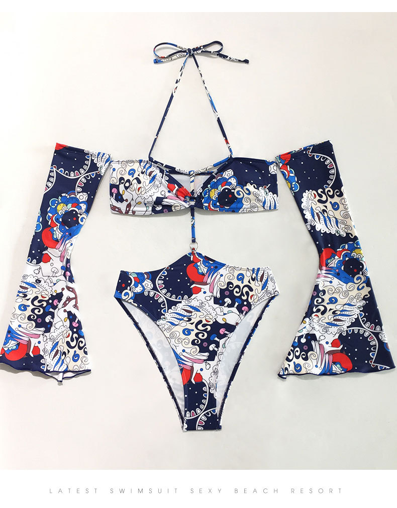 print hanging neck lace-up backless one-piece swimsuit with sleeve covers NSLRS123614