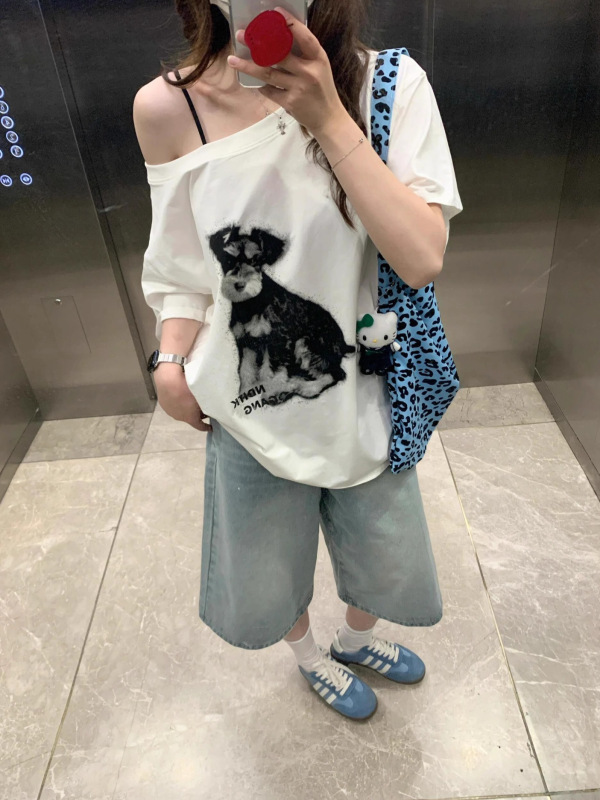 [綿92、スパンデックス8] オフショルダー半袖Tシャツ レディース 夏 子犬プリント ゆったり カジュアル レイジー オフショルダー トップス|undefined